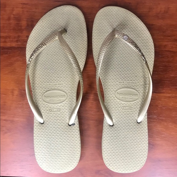 Havaianas Shoes - Havaianas Gold Slim Flip Flops w/ Crystal Charm